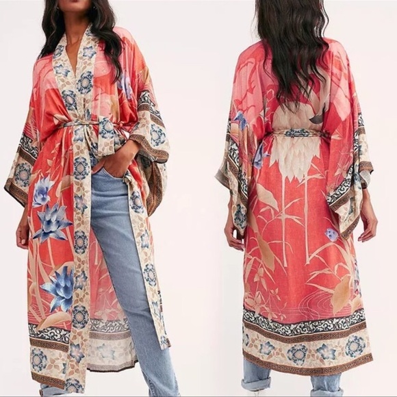 BOHO FLORAL Gypsy Bohemian Kimono Duster In Orange Pelican - Picture 11 of 12
